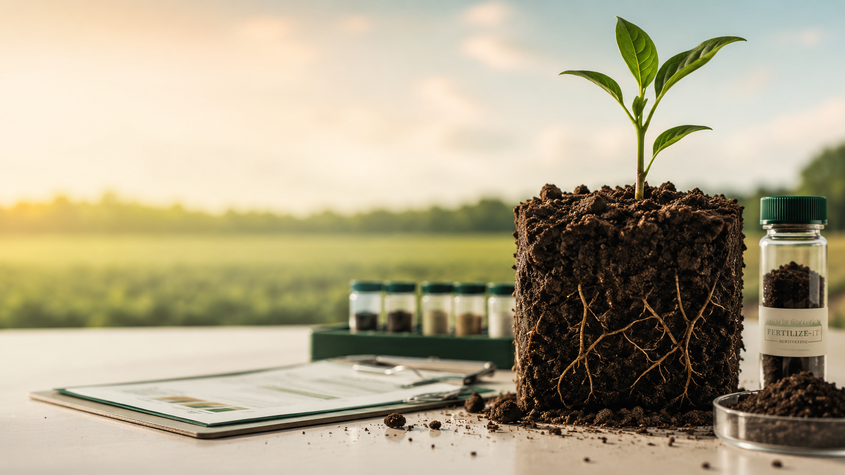 Soil sample with clipboard and test tubes beside a green field